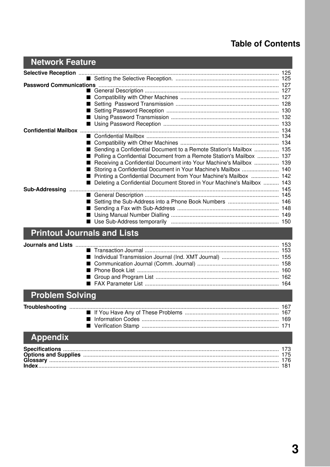 Panasonic DP-2500/3000 manual Network Feature, Printout Journals and Lists, Problem Solving, Appendix 