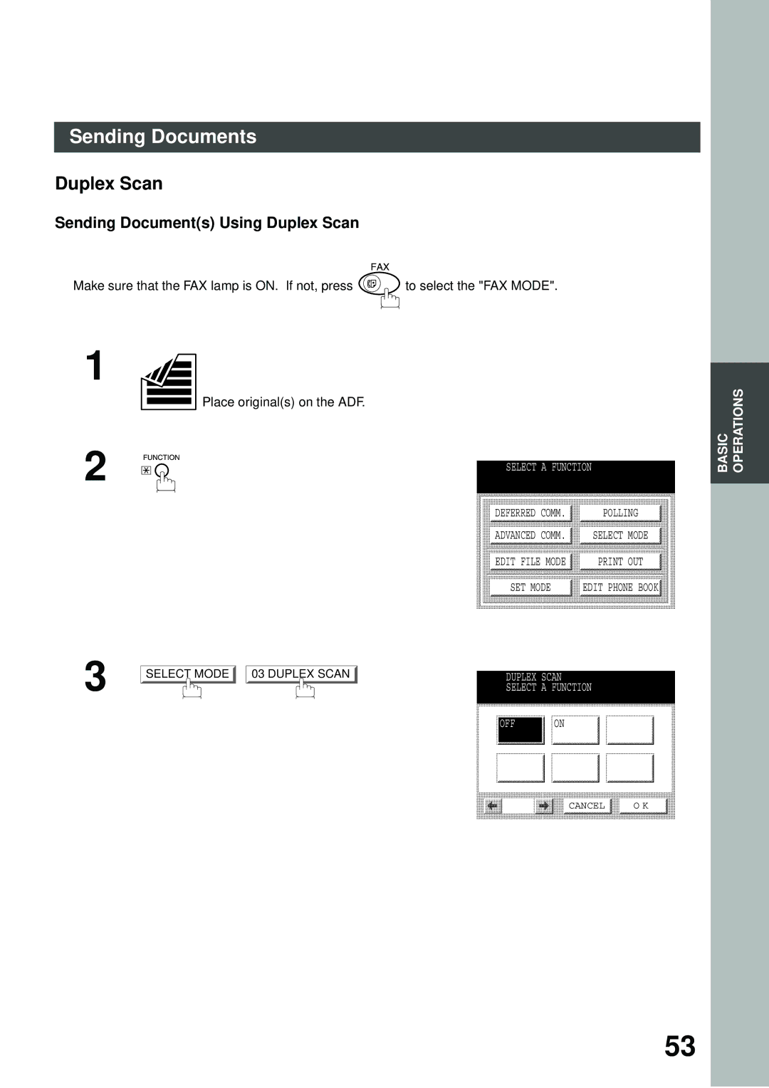 Panasonic DP-2500/3000 manual Sending Documents Using Duplex Scan, Off 