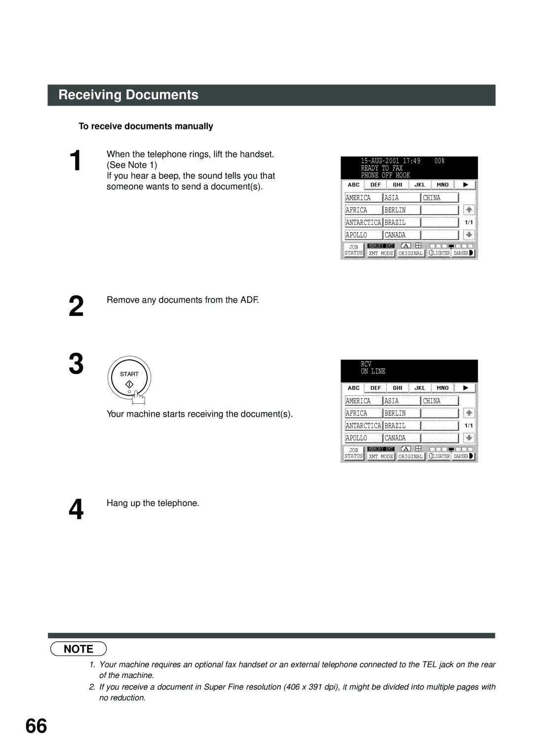 Panasonic DP-2500/3000 To receive documents manually, When the telephone rings, lift the handset, See Note, RCV On Line 