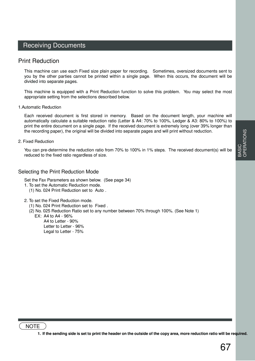 Panasonic DP-2500/3000 manual Selecting the Print Reduction Mode, Automatic Reduction, Fixed Reduction 