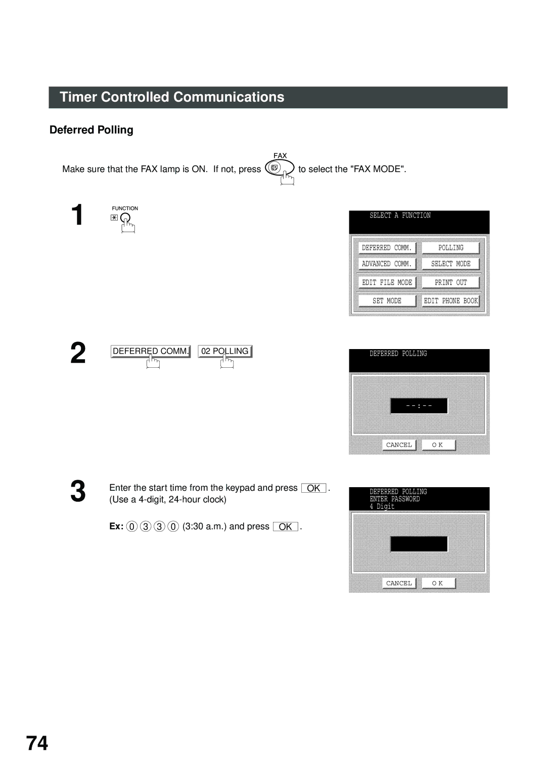 Panasonic DP-2500/3000 manual Deferred Polling, Ex 0 3 3 0 330 a.m. and press OK 