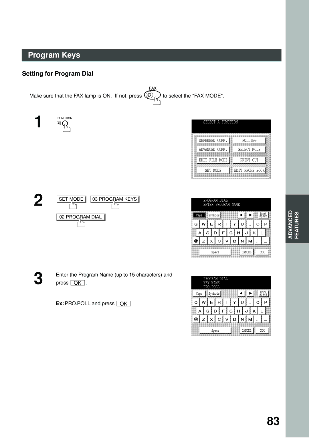 Panasonic DP-2500/3000 manual Setting for Program Dial, Program Dial Enter Program Name, Ex PRO.POLL and press 