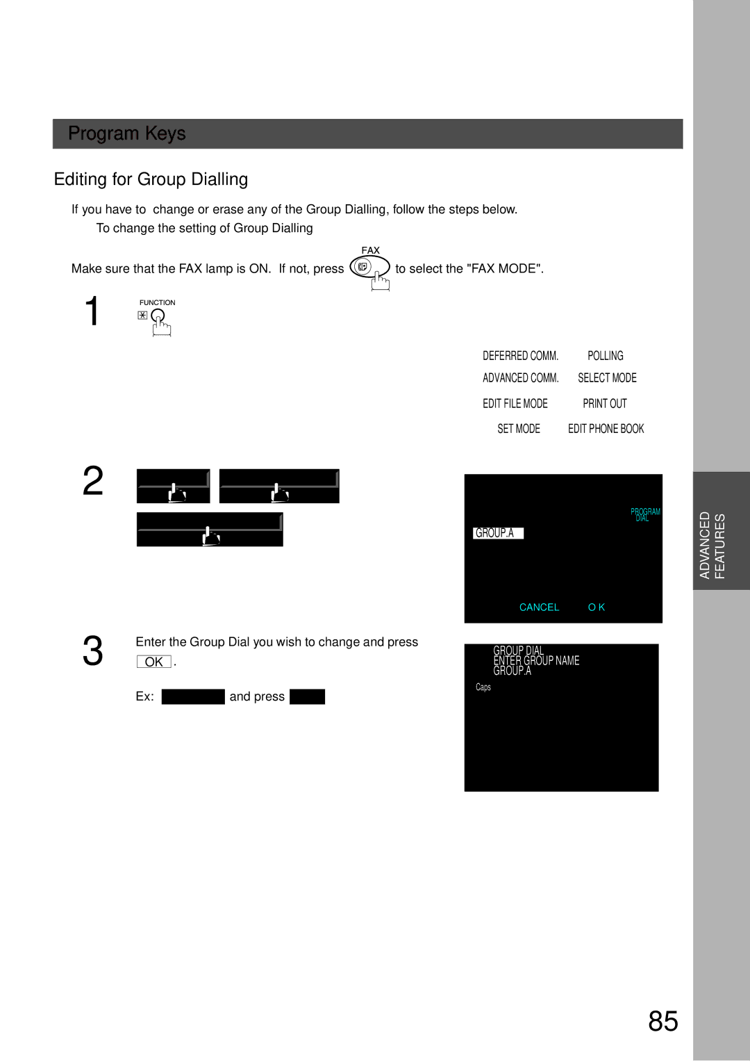 Panasonic DP-2500/3000 Editing for Group Dialling, To change the setting of Group Dialling, Modify Group Dial, Group.A 