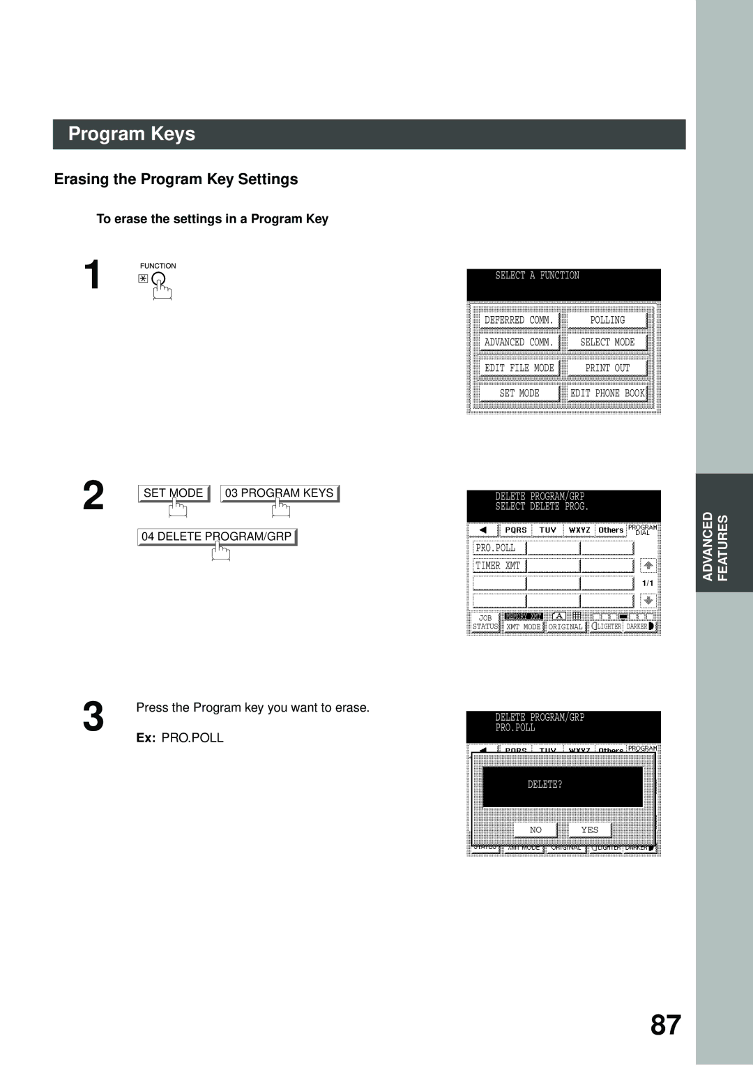 Panasonic DP-2500/3000 manual Erasing the Program Key Settings, To erase the settings in a Program Key 