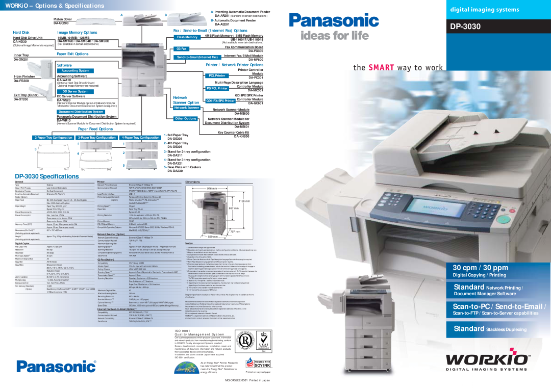 Panasonic DP-3030 manual cpm / 30 ppm, Scan-to-PC / Send-to-Email, WORKiO - Options & Specifications, Hard Disk, Software 