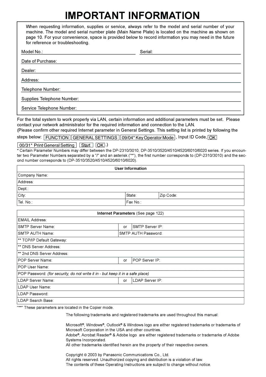 Panasonic DP-4520, DP-3520, DP-6020 appendix User Information, Internet Parameters See 