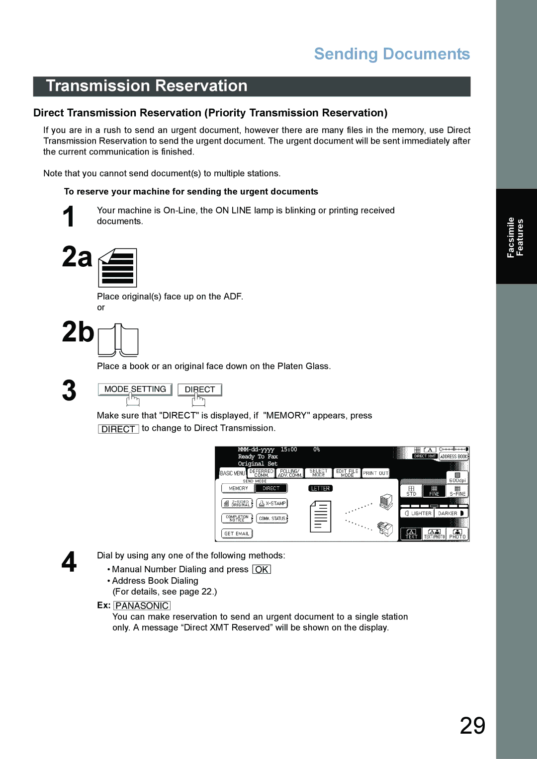 Panasonic DP-4520, DP-3520 Transmission Reservation, To reserve your machine for sending the urgent documents, Documents 