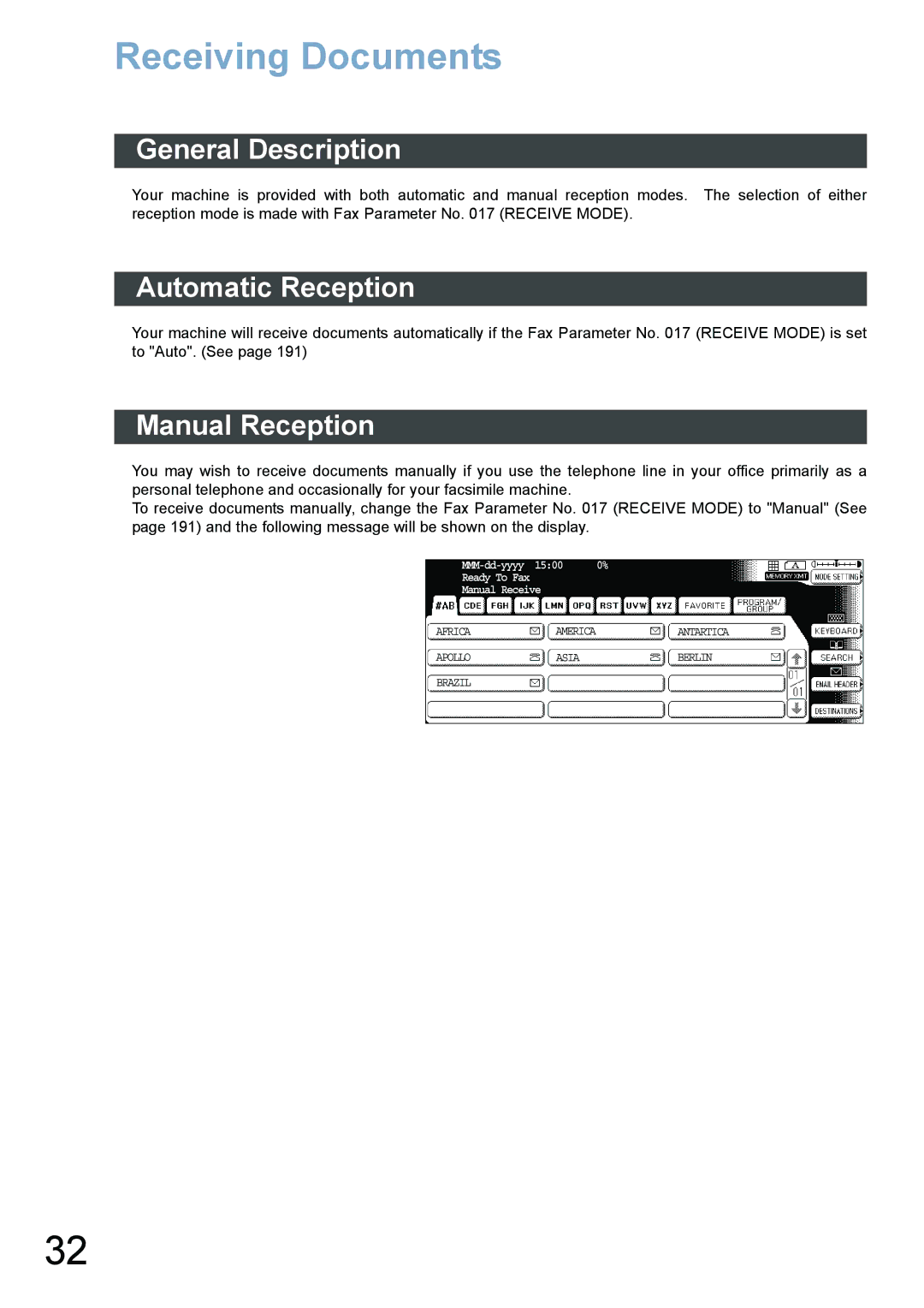 Panasonic DP-4520, DP-3520, DP-6020 appendix Receiving Documents, Automatic Reception, Manual Reception 