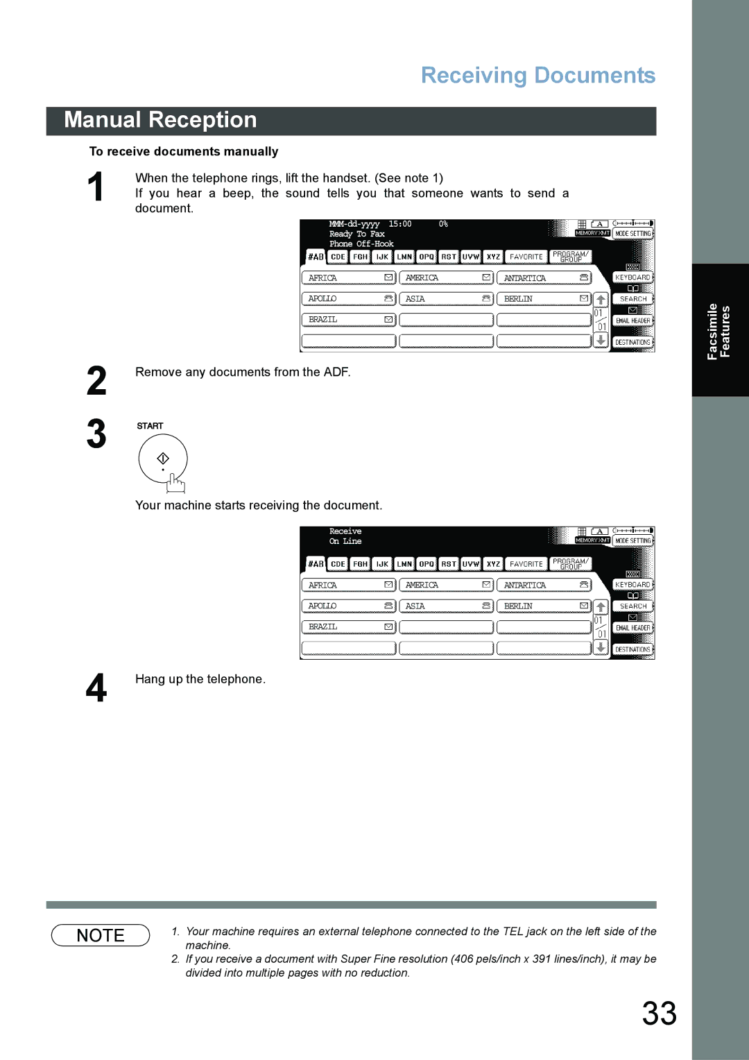 Panasonic DP-3520, DP-6020 To receive documents manually, When the telephone rings, lift the handset. See note, Document 