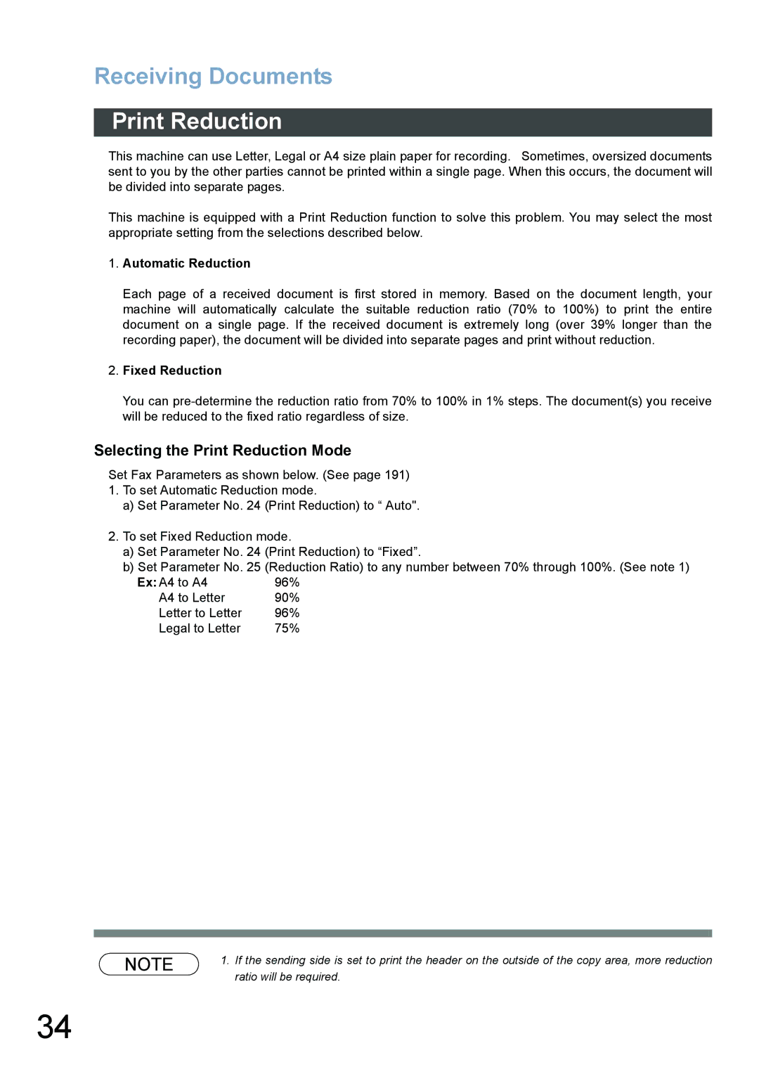 Panasonic DP-6020, DP-3520, DP-4520 appendix Selecting the Print Reduction Mode, Automatic Reduction, Fixed Reduction 