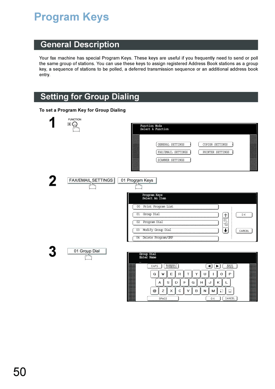 Panasonic DP-4520, DP-3520, DP-6020 appendix Program Keys, Setting for Group Dialing, To set a Program Key for Group Dialing 