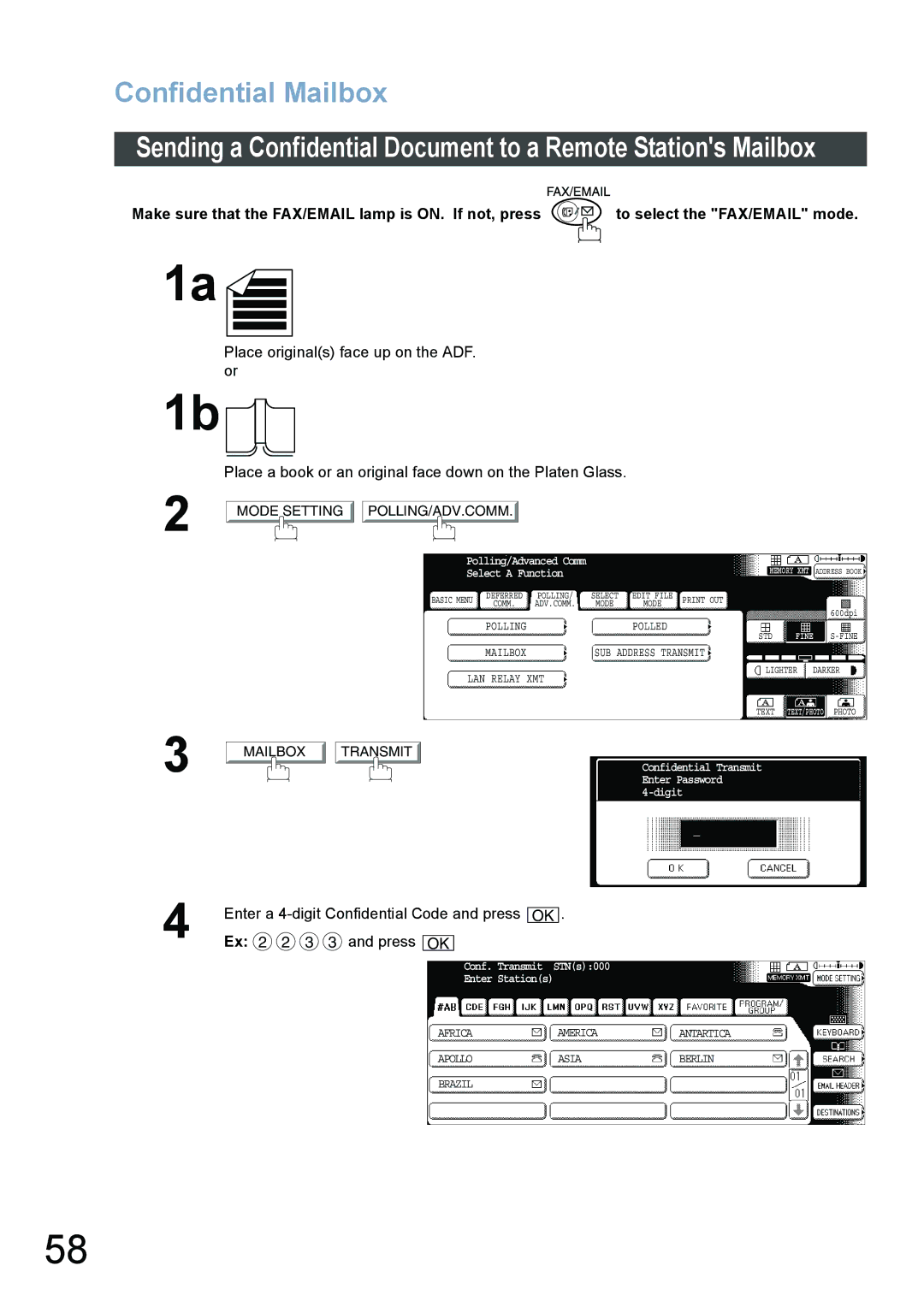 Panasonic DP-6020, DP-3520, DP-4520 appendix Enter a 4-digit Confidential Code and press, Ex 2 2 3 3 and press 