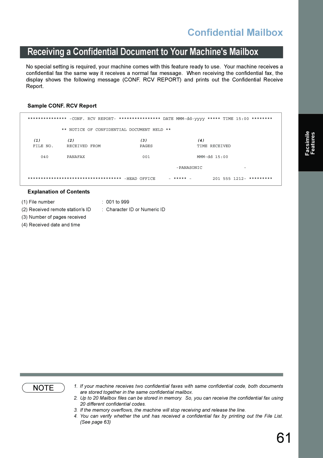 Panasonic DP-6020, DP-3520, DP-4520 appendix Sample CONF. RCV Report, Explanation of Contents 