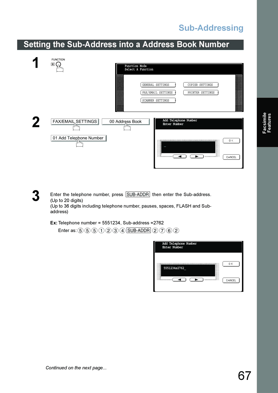 Panasonic DP-6020, DP-3520, DP-4520 Setting the Sub-Address into a Address Book Number, Enter the telephone number, press 