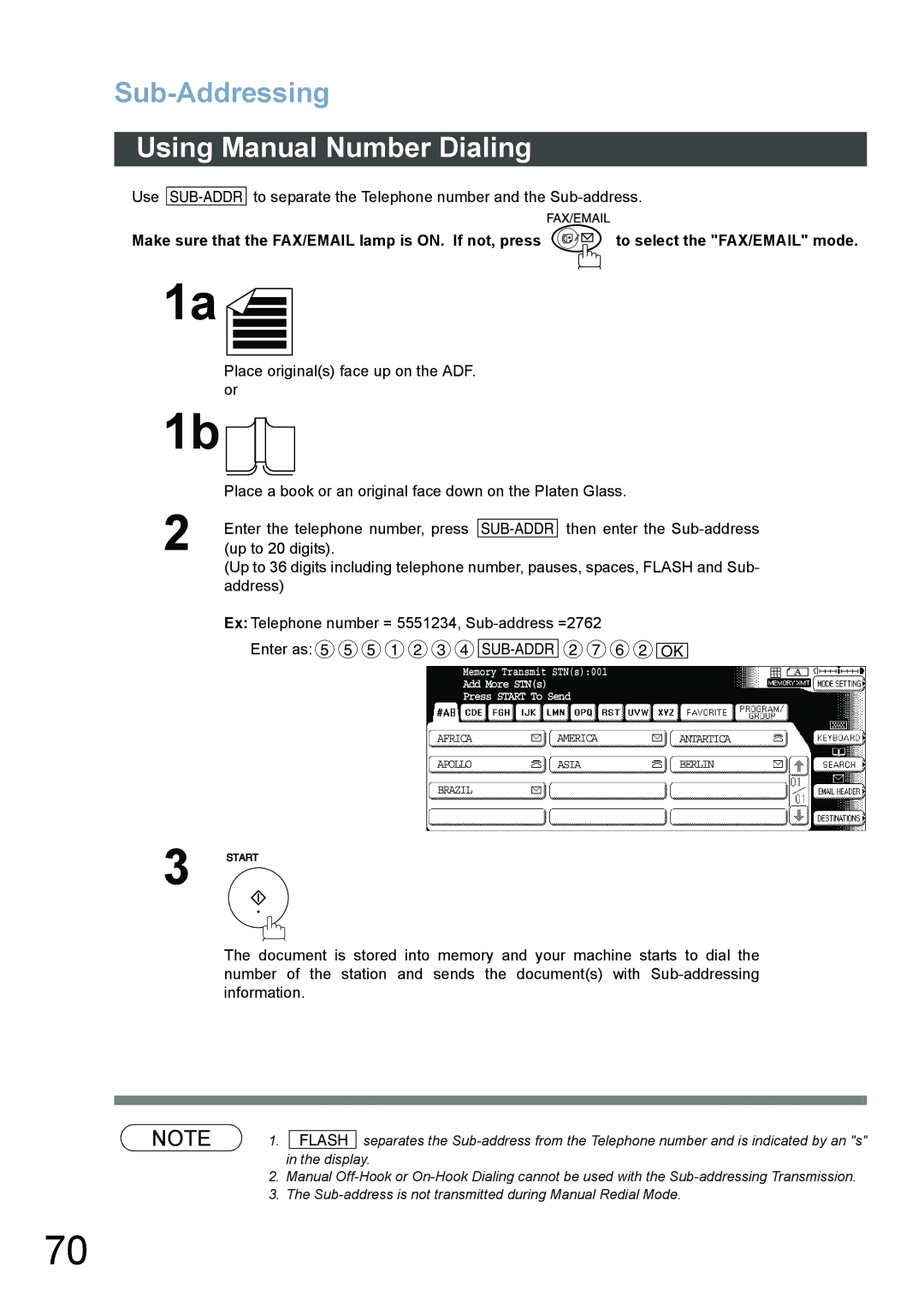 Panasonic DP-6020, DP-3520, DP-4520 Using Manual Number Dialing, Use, To separate the Telephone number and the Sub-address 