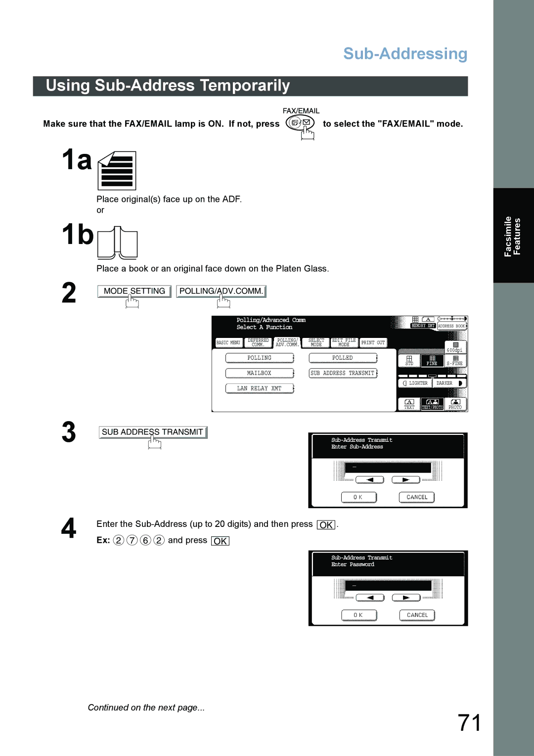 Panasonic DP-4520, DP-3520, DP-6020 appendix Using Sub-Address Temporarily, SUB Address Transmit 