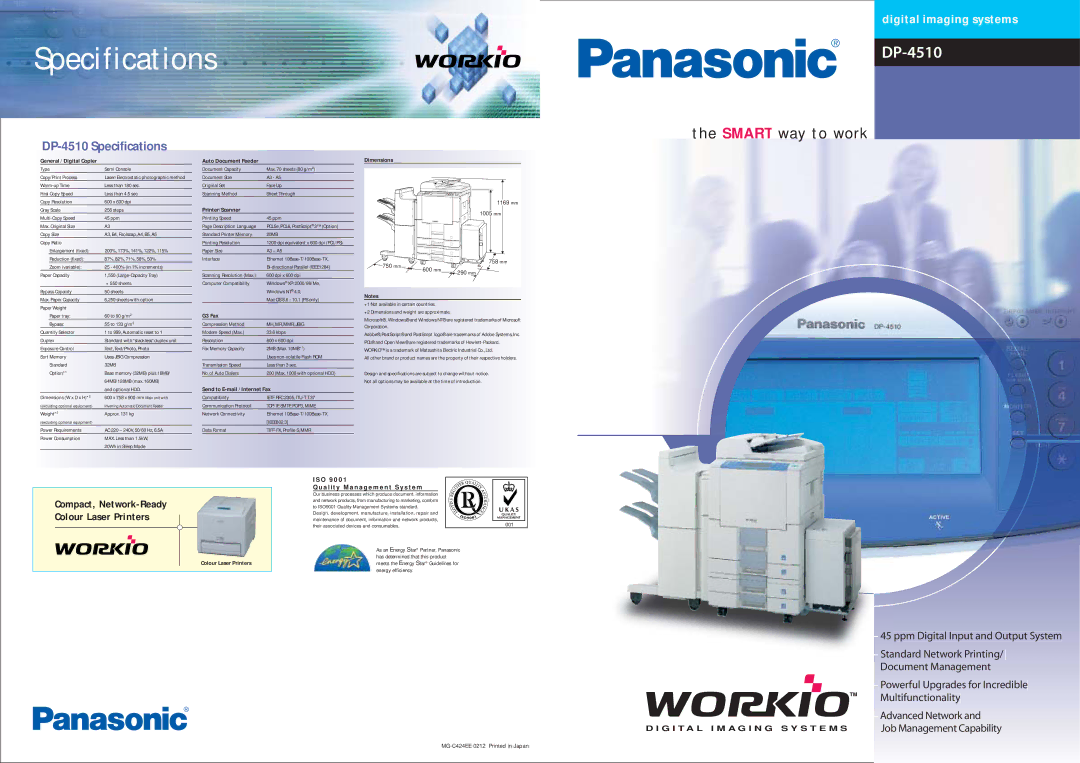 Panasonic DP-4510 specifications Specifications, Smart way to work, ISO Quality Management System 