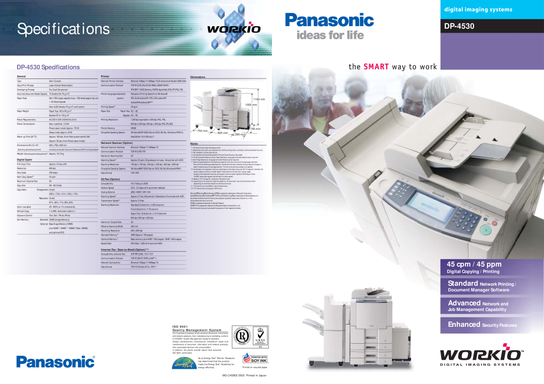 Panasonic DP-4530 specifications Specifications, Digital Copying / Printing, Enhanced Security Features, cpm / 45 ppm 