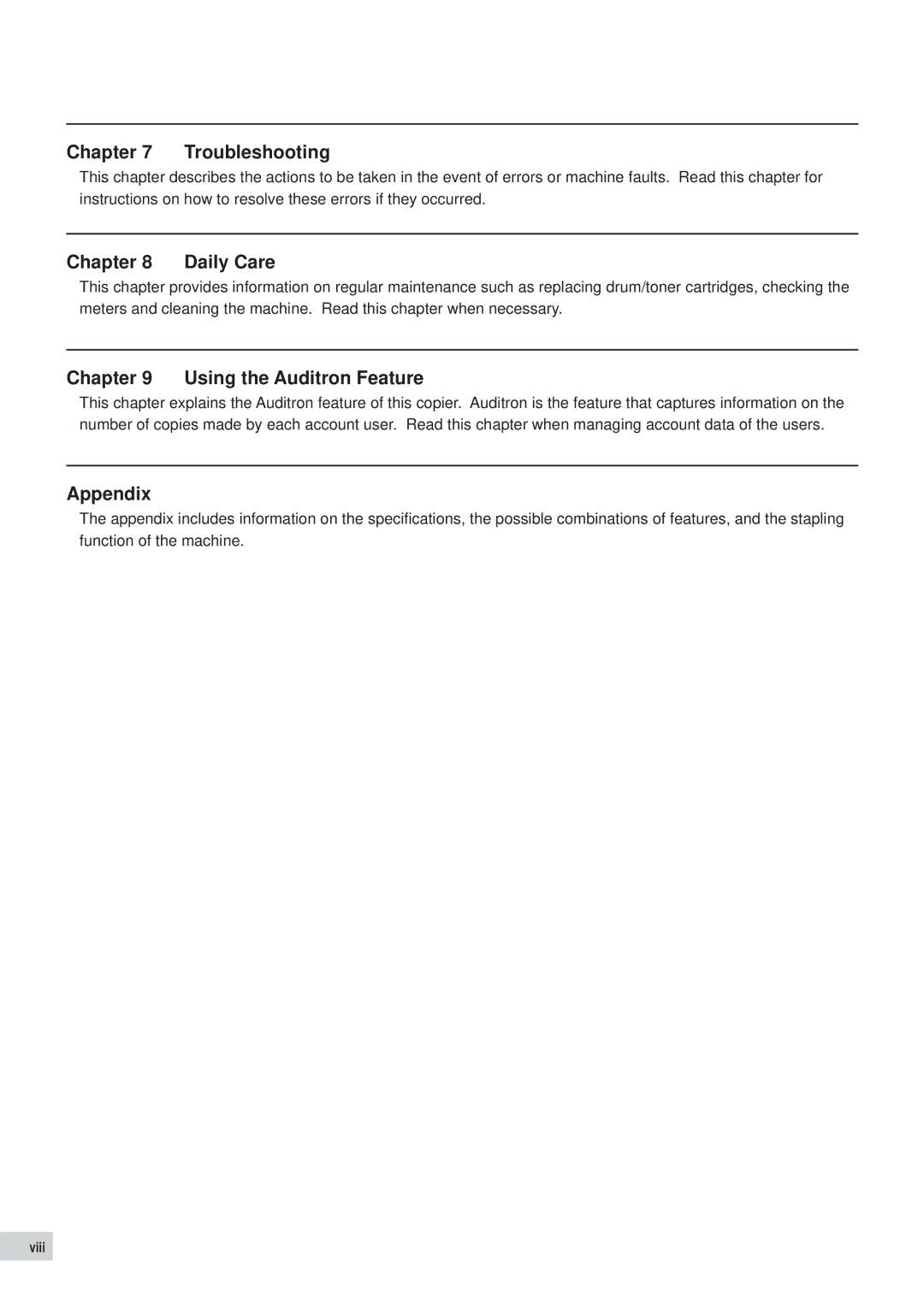 Panasonic DP-6000, DP-7000 manual Troubleshooting, Chapter Daily Care, Using the Auditron Feature, Appendix 