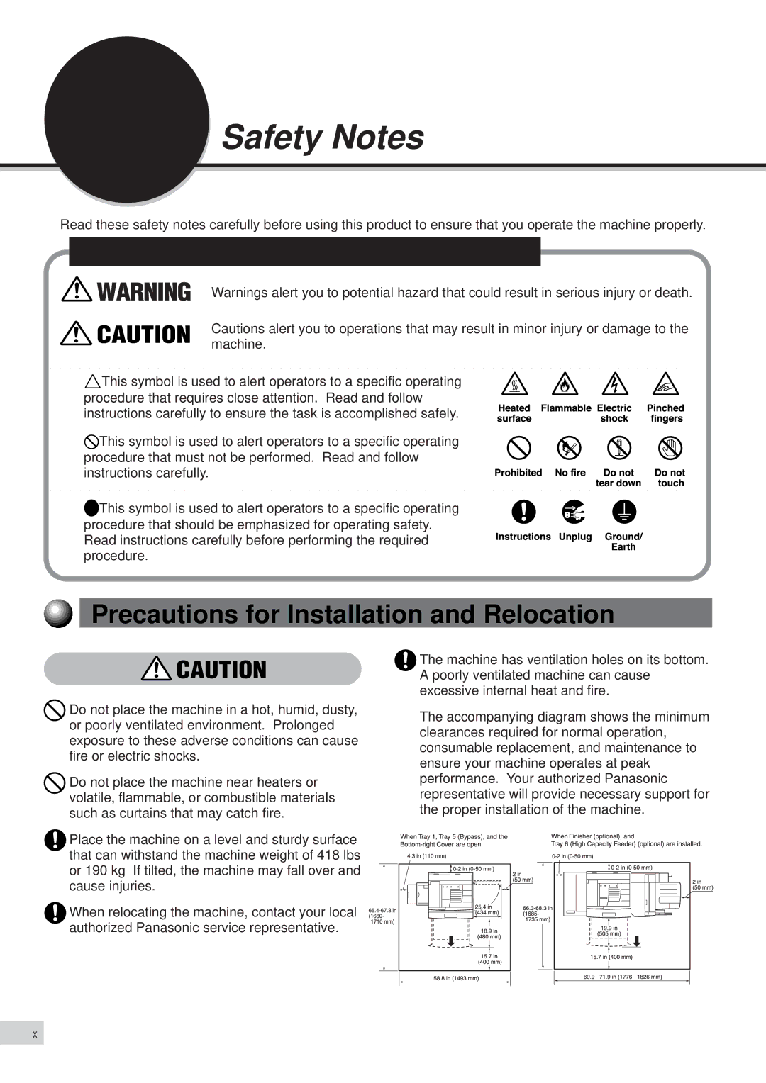 Panasonic DP-6000, DP-7000 manual Safety Notes, Precautions for Installation and Relocation 