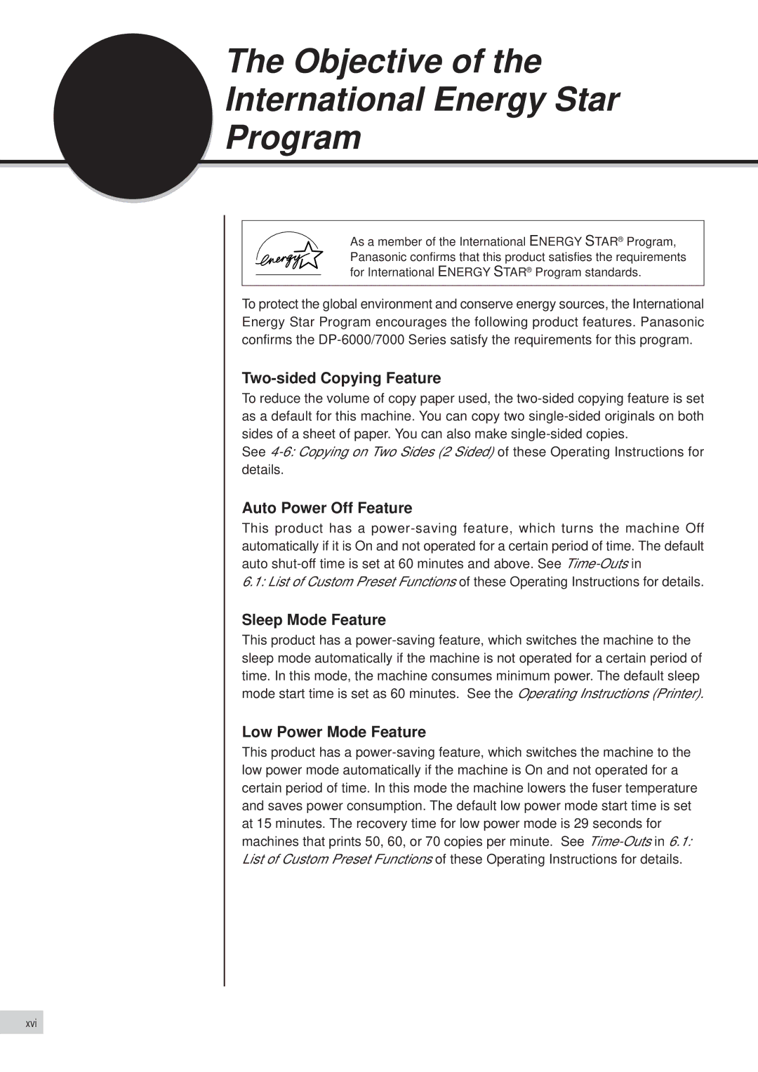 Panasonic DP-6000, DP-7000 Objective International Energy Star Program, Two-sided Copying Feature, Auto Power Off Feature 