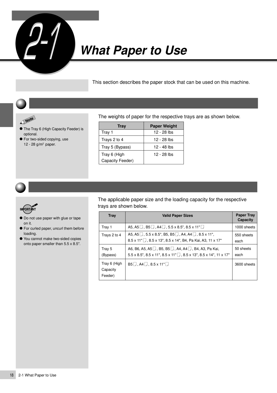 Panasonic DP-6000, DP-7000 manual What Paper to Use, Weights of Paper, Paper Size and Tray Loading Capacity 