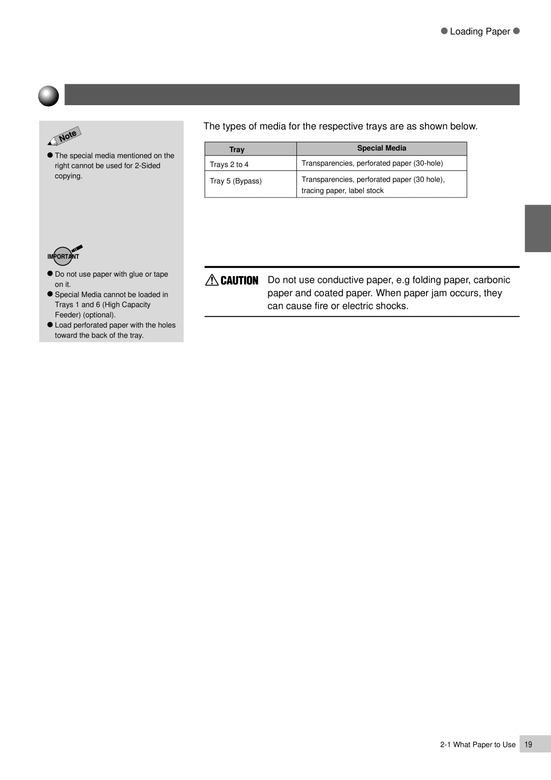 Panasonic DP-7000, DP-6000 manual Types of Special Media, Types of media for the respective trays are as shown below 