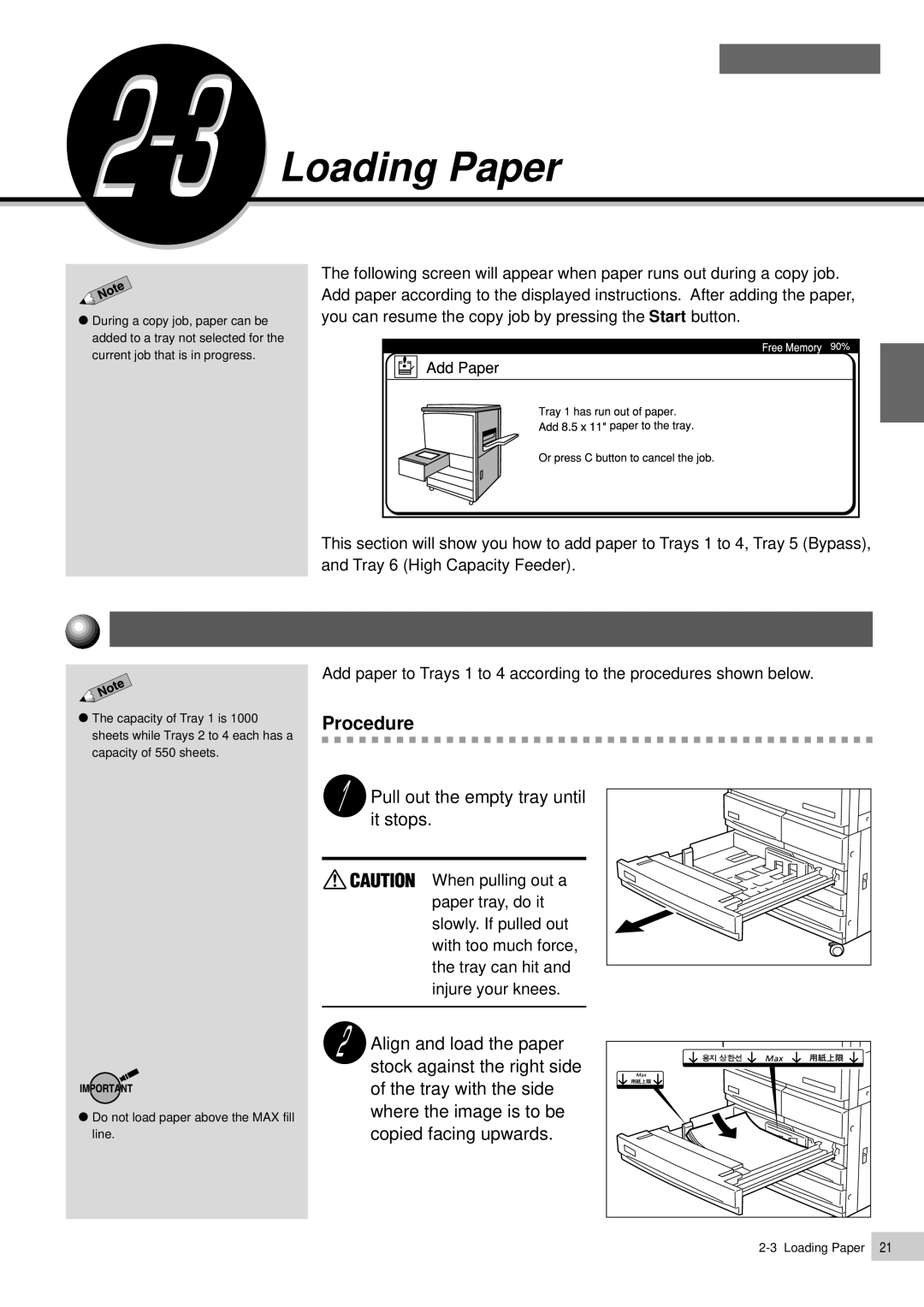 Panasonic DP-7000, DP-6000 manual Loading Paper in Trays 1 to, Pull out the empty tray until it stops 