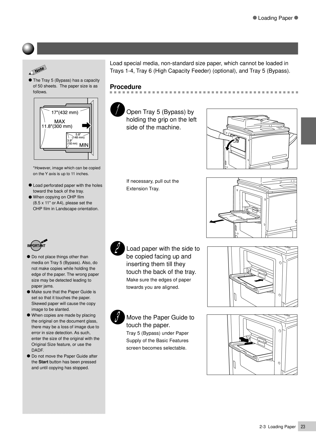 Panasonic DP-7000, DP-6000 manual Loading Paper in Tray 5 Bypass, Move the Paper Guide to touch the paper 