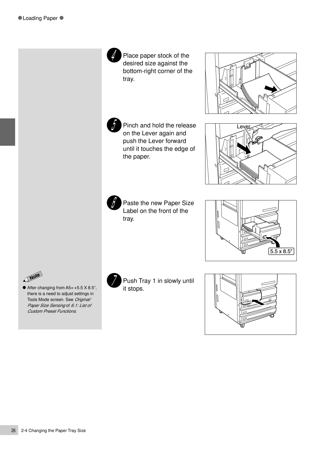 Panasonic DP-6000, DP-7000 manual 26 2-4 Changing the Paper Tray Size 