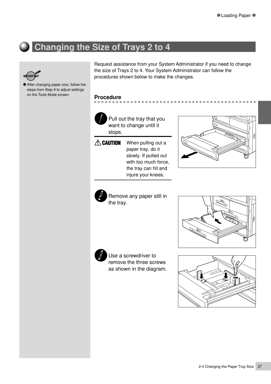 Panasonic DP-7000, DP-6000 manual Changing the Size of Trays 2 to, Pull out the tray that you want to change until it stops 