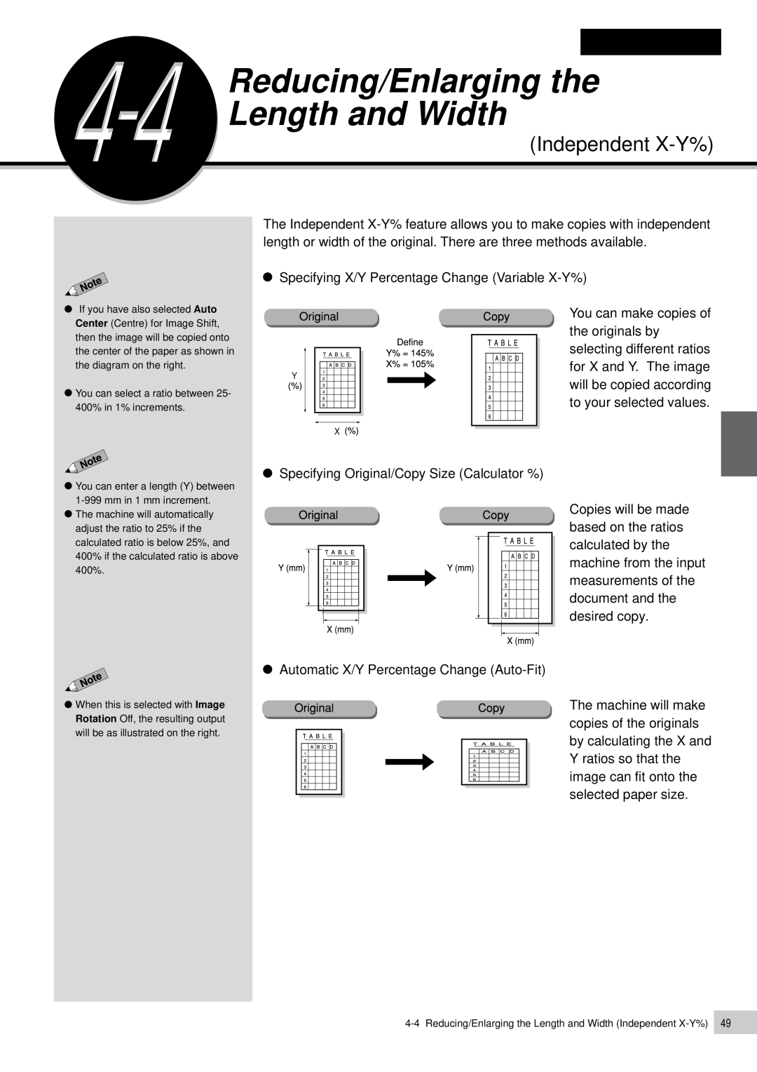 Panasonic DP-7000, DP-6000 manual Reducing/Enlarging the Length and Width, Independent X-Y% 