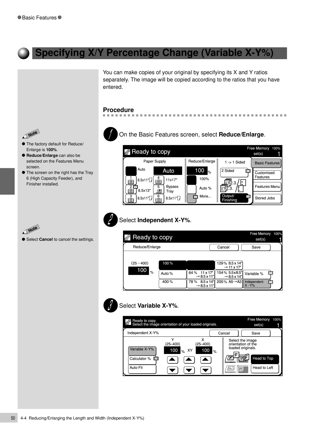 Panasonic DP-6000, DP-7000 Specifying X/Y Percentage Change Variable X-Y%, Select Independent X-Y%, Select Variable X-Y% 