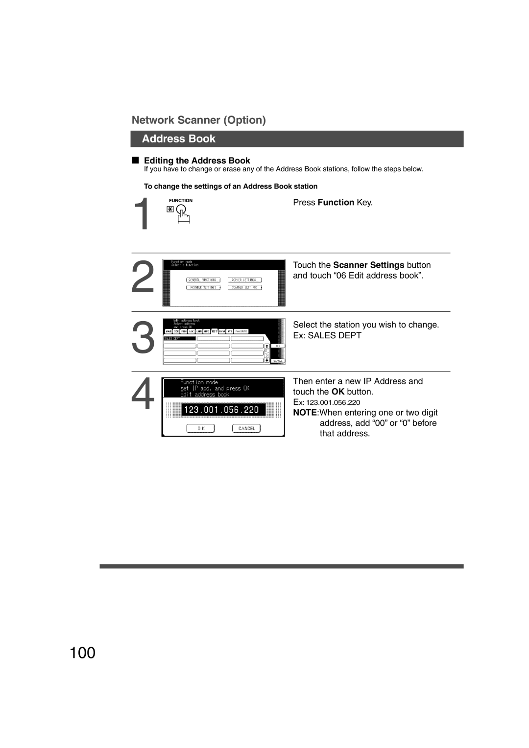 Panasonic DP-6010, DP-3510 manual 100, Editing the Address Book, Touch the Scanner Settings button 