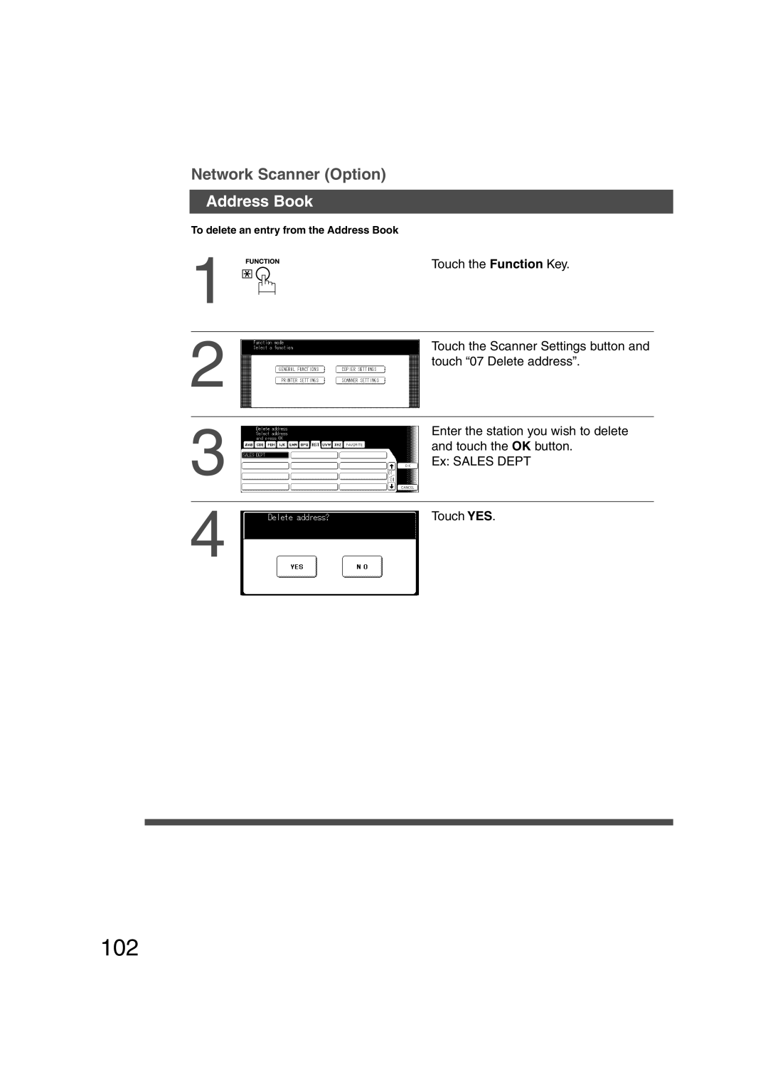 Panasonic DP-6010, DP-3510 manual 102, Touch the Function Key, Touch the Scanner Settings button, Touch 07 Delete address 