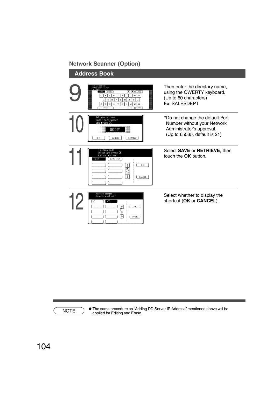 Panasonic DP-6010 104, Then enter the directory name, Ex Salesdept, Up to 65535, default is, Select Save or RETRIEVE, then 