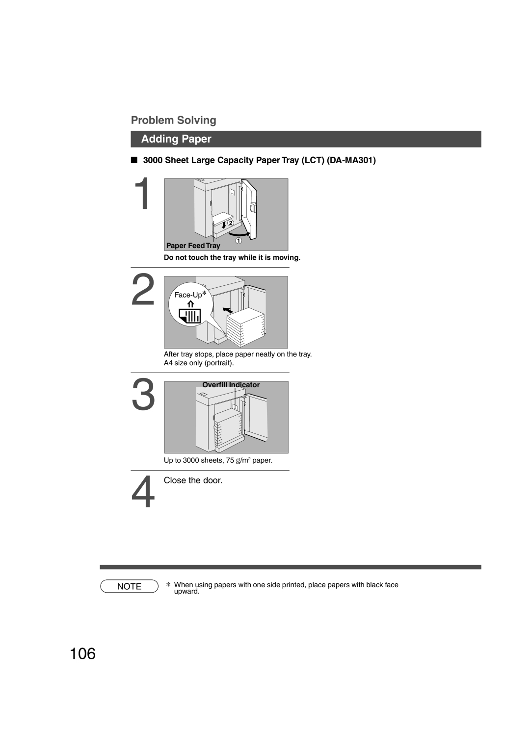 Panasonic DP-6010, DP-3510 manual 106, Adding Paper, Sheet Large Capacity Paper Tray LCT DA-MA301, Close the door 