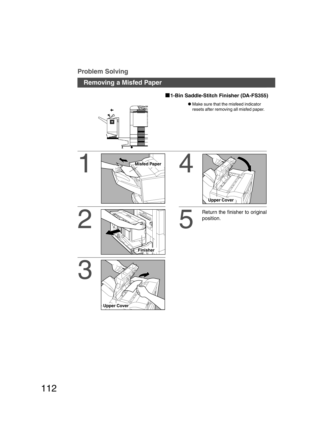 Panasonic DP-6010, DP-3510 112, Bin Saddle-Stitch Finisher DA-FS355, Return the finisher to original position, Upper Cover 