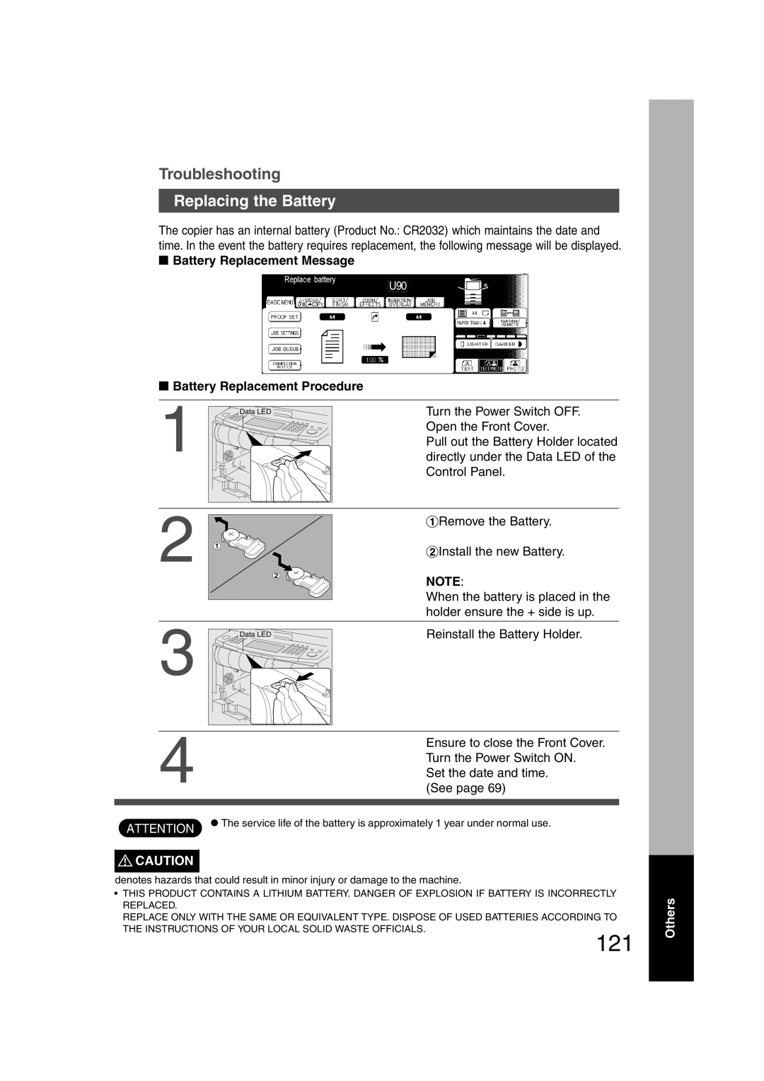 Panasonic DP-3510, DP-6010 manual 121, Replacing the Battery, Battery Replacement Message, Battery Replacement Procedure 