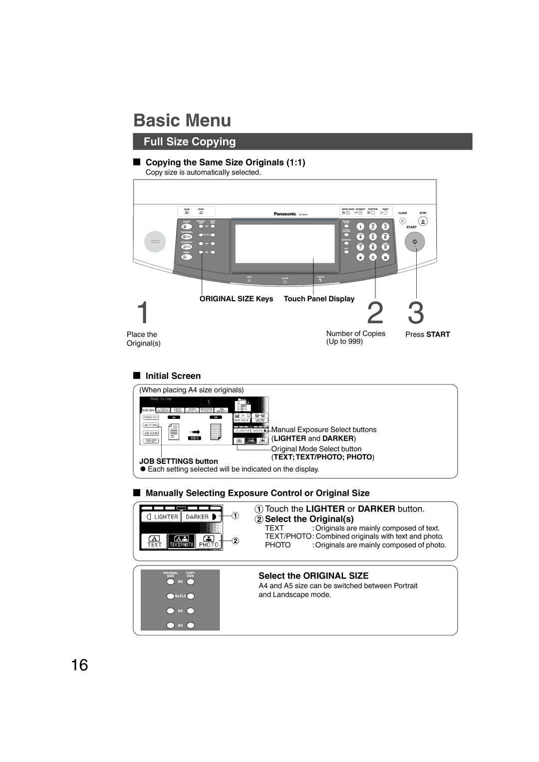 Panasonic DP-6010, DP-3510 manual Basic Menu, Full Size Copying 