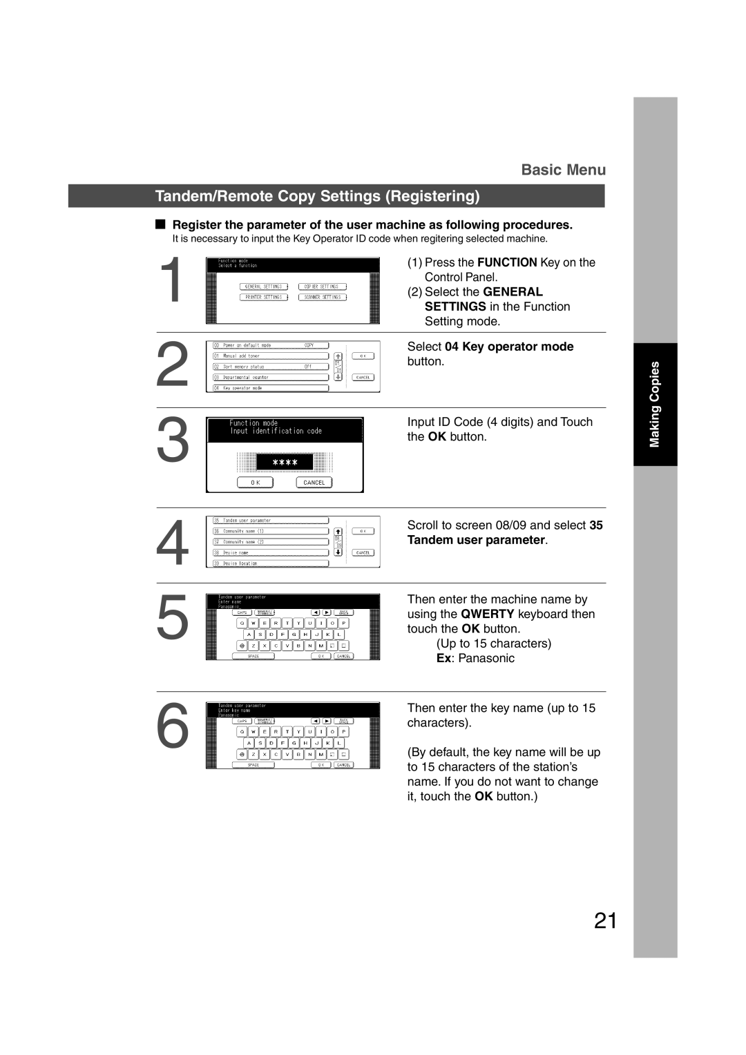 Panasonic DP-3510, DP-6010 Tandem/Remote Copy Settings Registering, Select 04 Key operator mode, Tandem user parameter 