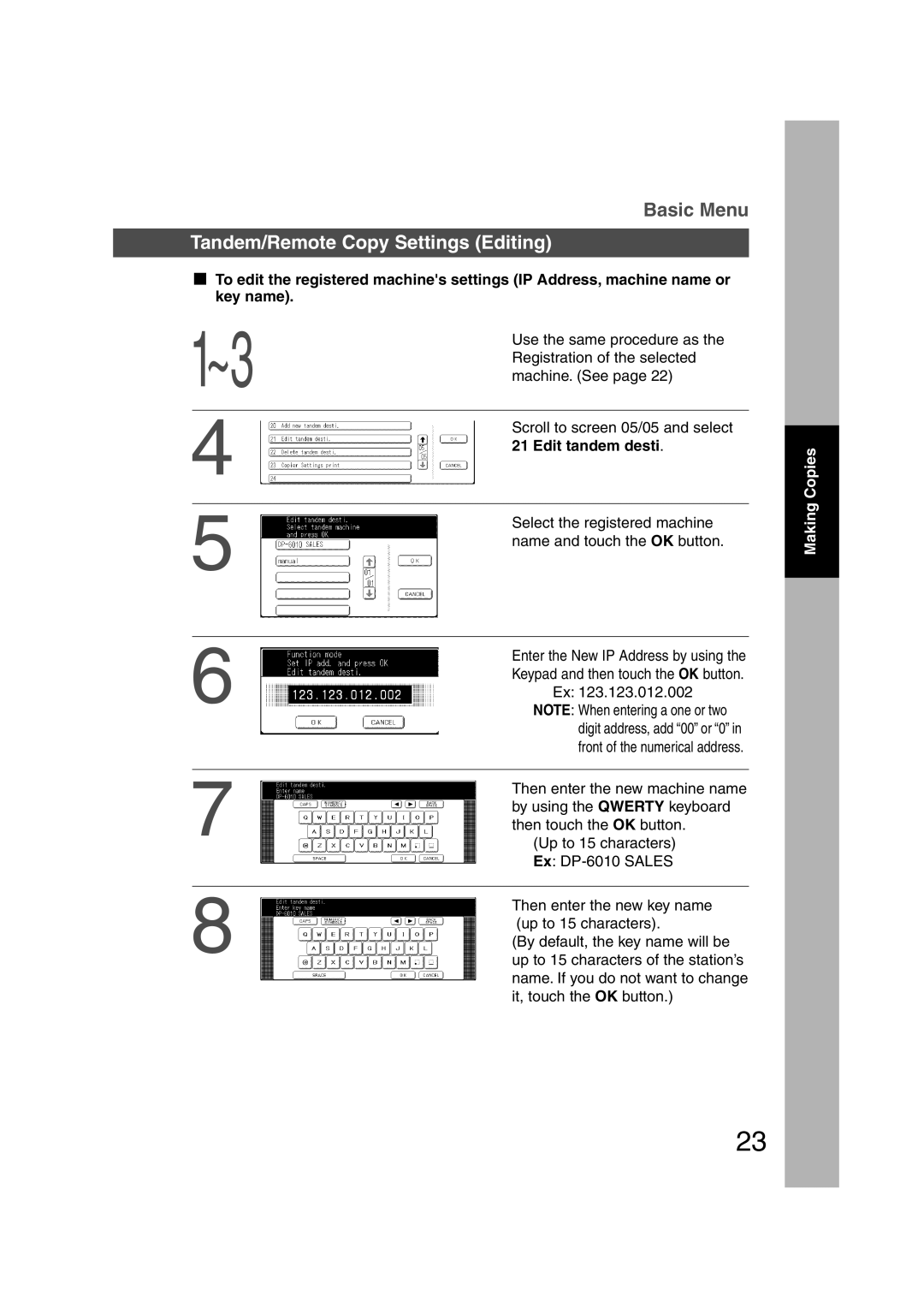 Panasonic DP-3510, DP-6010 manual Tandem/Remote Copy Settings Editing, Edit tandem desti 