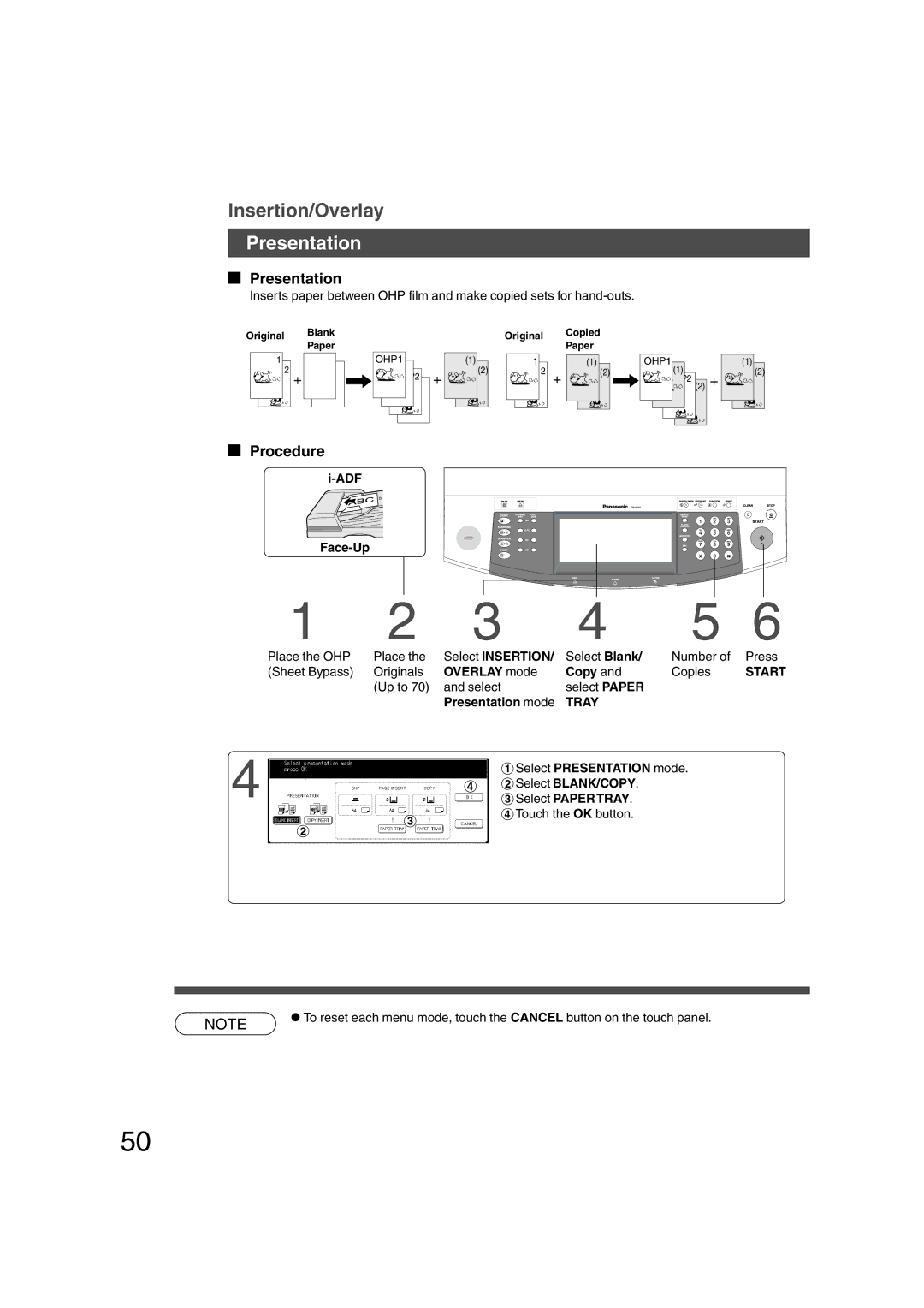 Panasonic DP-6010, DP-3510 manual # Select Presentation mode, $ Select BLANK/COPY 