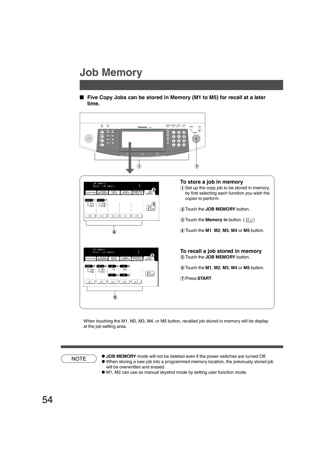 Panasonic DP-6010, DP-3510 manual Job Memory, To store a job in memory, To recall a job stored in memory 