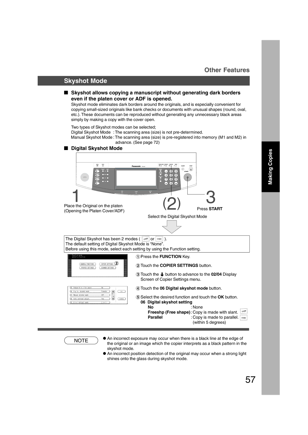 Panasonic DP-3510 Digital Skyshot Mode, Touch the 06 Digital skyshot mode button, Digital skyshot setting, Parallel 