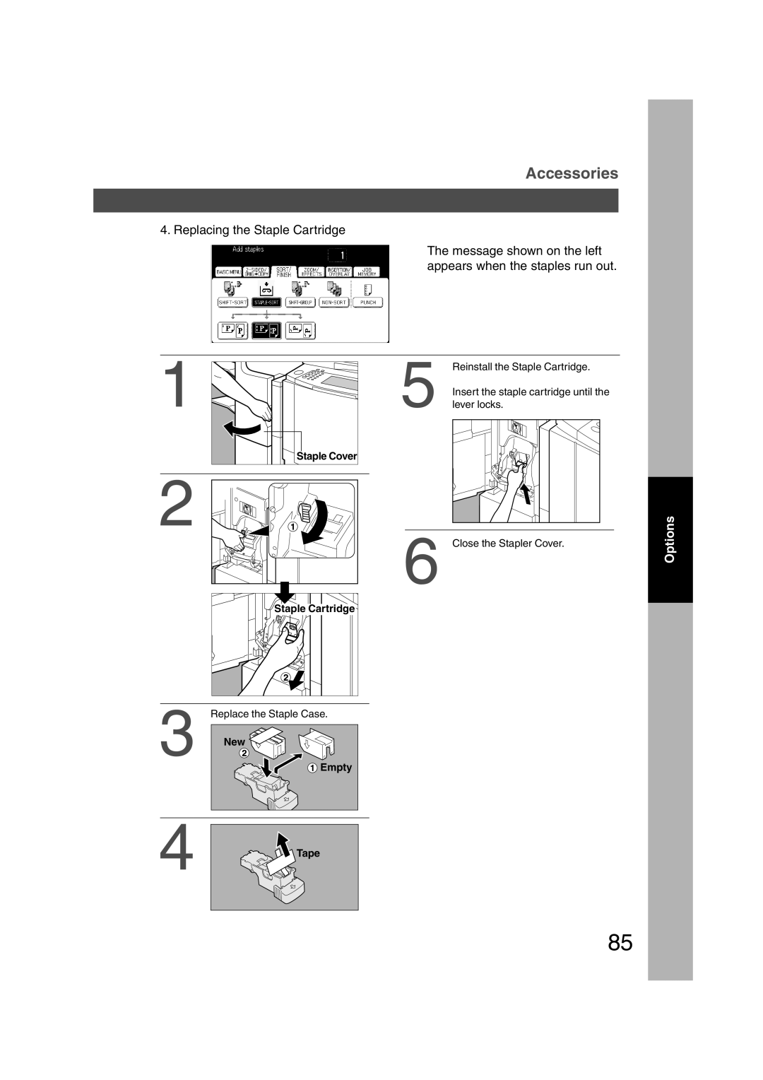 Panasonic DP-3510, DP-6010 manual Staple Cover, Close the Stapler Cover, Staple Cartridge, New, Empty Tape 