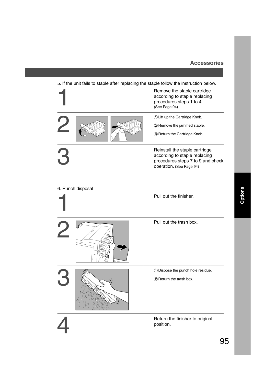 Panasonic DP-3510, DP-6010 Procedures steps 7 to 9 and check, Punch disposal Pull out the finisher Pull out the trash box 