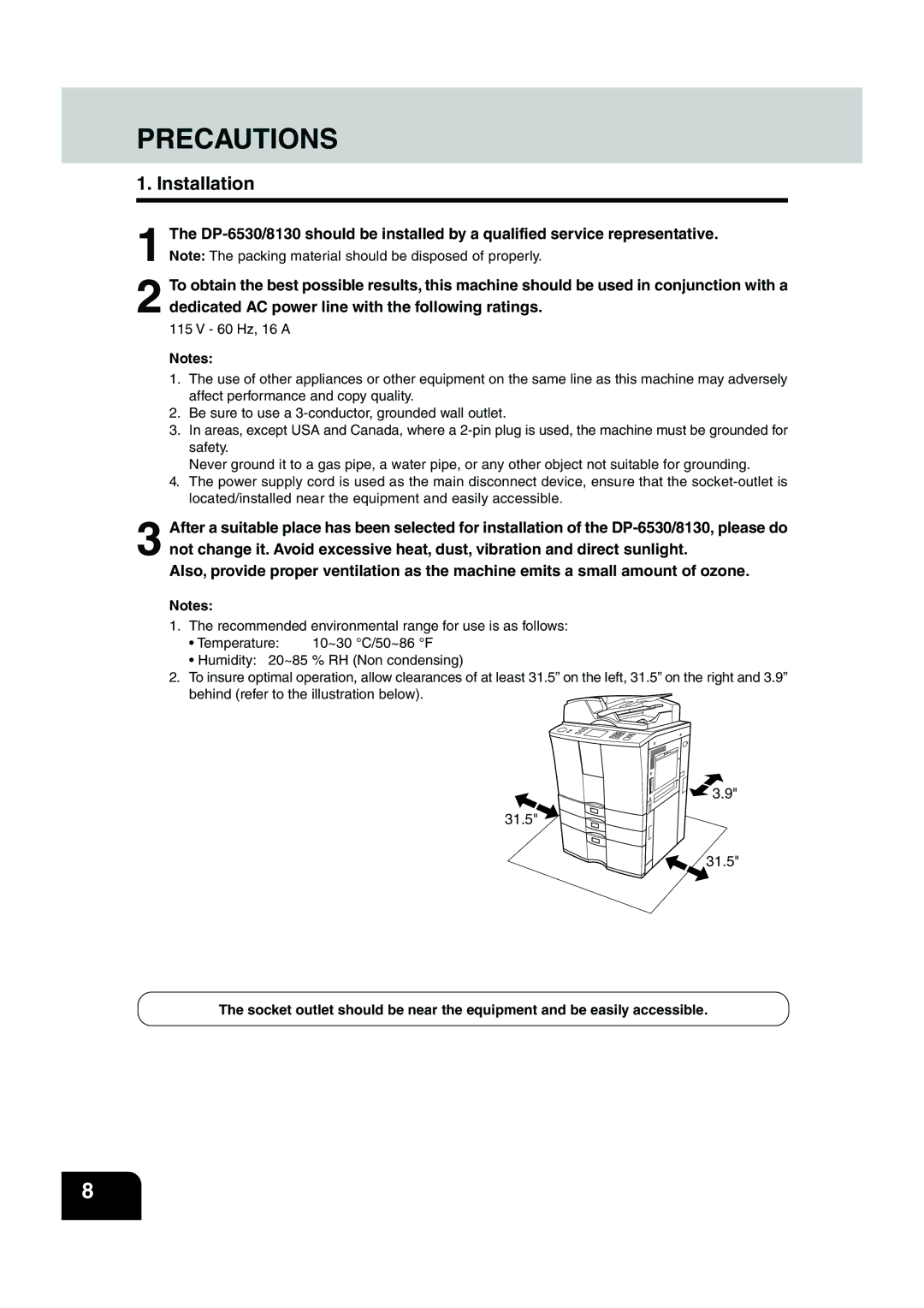 Panasonic DP-6530 manual Precautions, Installation 