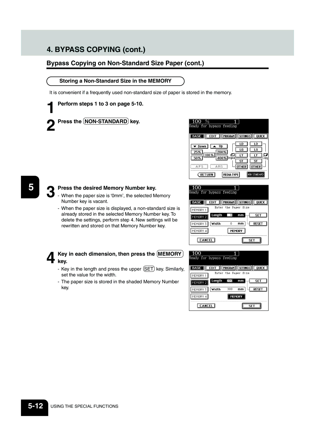 Panasonic DP-6530 manual Storing a Non-Standard Size in the Memory, Key in each dimension, then press the Memory key 