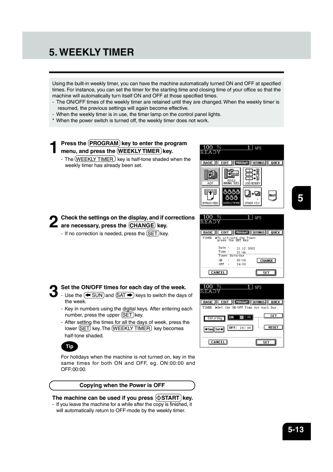 Panasonic DP-6530 manual Weekly Timer, Set the ON/OFF times for each day of the week 